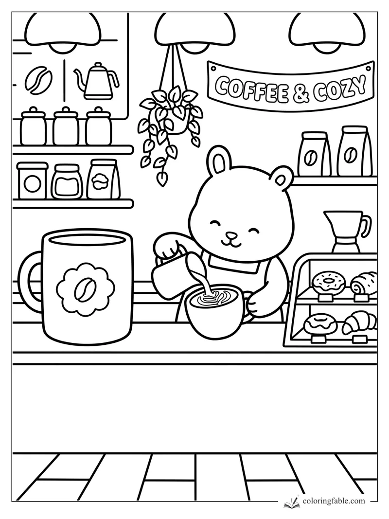 Bear barista pouring latte art in a cozy coffee shop with pastries, jars, mugs, and a Coffee & Cozy sign