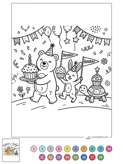 Bear, Bunny, and Turtle Birthday Parade — color by number