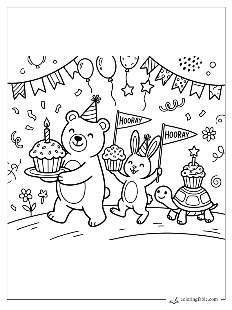 Doodle birthday parade with bear, bunny, turtle, cupcakes, hooray flags, balloons, bunting, and confetti.