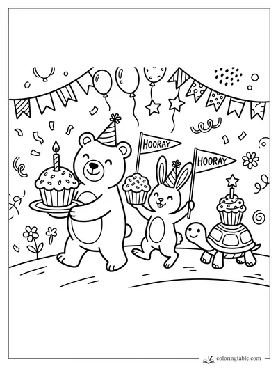 Doodle birthday parade with bear, bunny, turtle, cupcakes, hooray flags, balloons, bunting, and confetti.