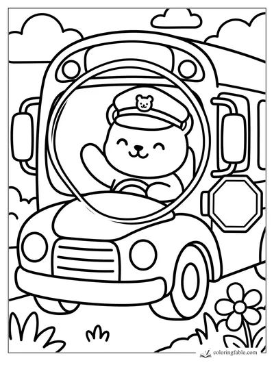 Smiling bear bus driver waving from a round windshield, with clouds, grass, and a flower.