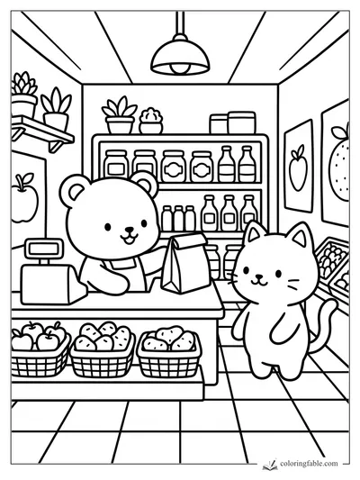 Bear clerk packing a paper bag for a cat in a cozy grocery store with baskets of apples and potatoes