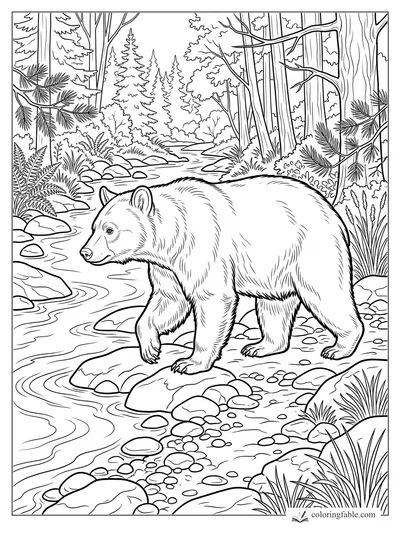 Realistic bear walking over rocks beside a winding forest stream with ferns and tall trees