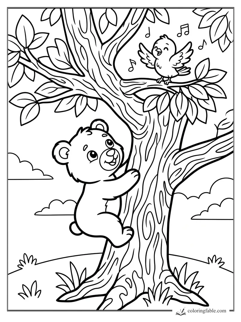 Cartoon bear cub climbing a leafy tree toward a singing bird with music notes in the branches
