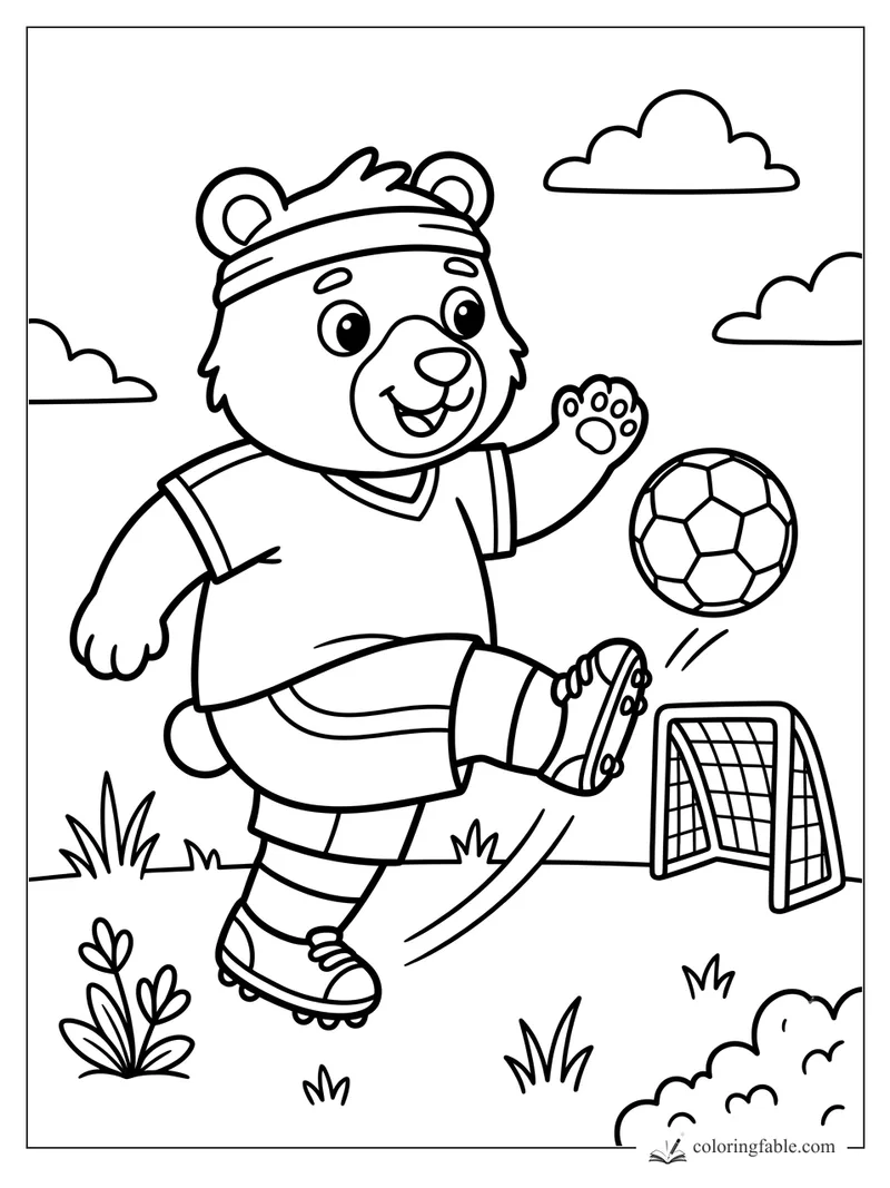 Smiling bear cub in a headband kicks a soccer ball toward a small goal on a grassy field.