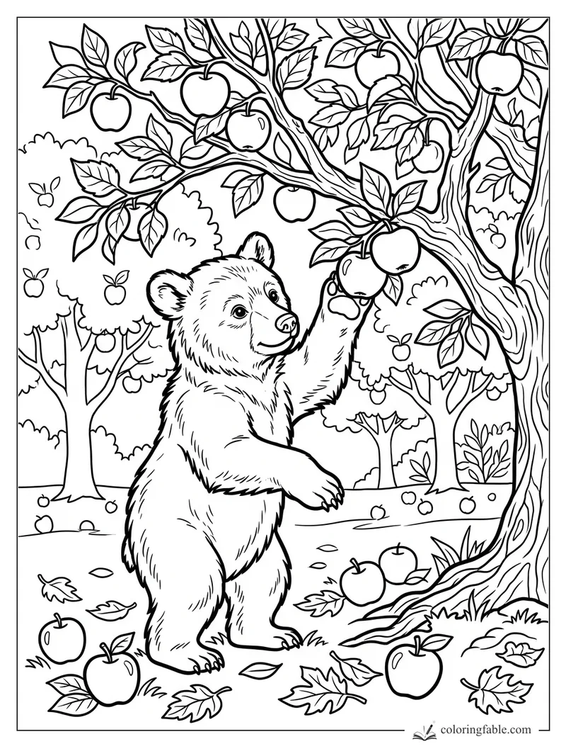 Bear cub standing on hind legs reaching for apples under a leafy orchard tree.