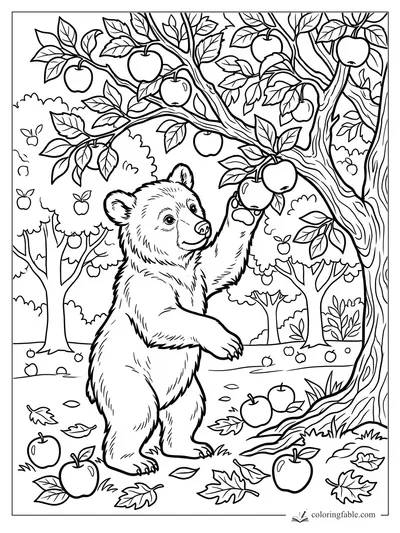Bear cub standing on hind legs reaching for apples under a leafy orchard tree.