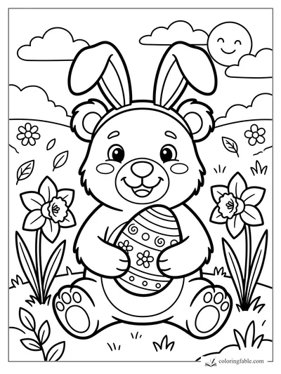 Smiling bear cub wearing bunny ears, holding a patterned Easter egg among flowers under a happy sun.