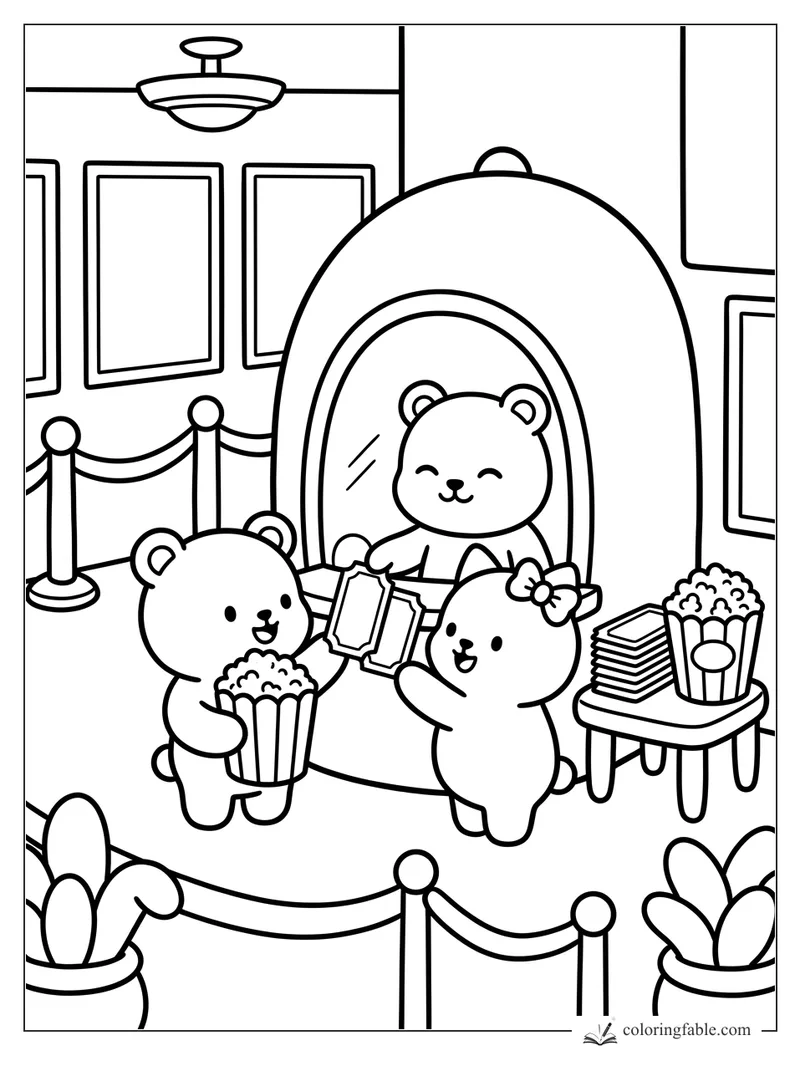 Cozy bear cubs buying movie tickets with popcorn at a theater booth