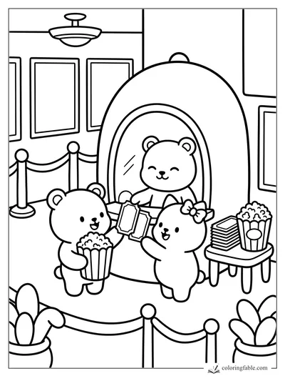 Cozy bear cubs buying movie tickets with popcorn at a theater booth