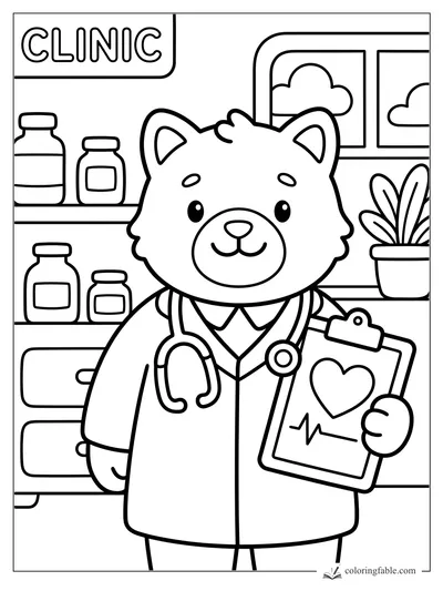 Cute bear doctor in a clinic holding a heart chart clipboard, with medicine bottles, plant, and window behind.