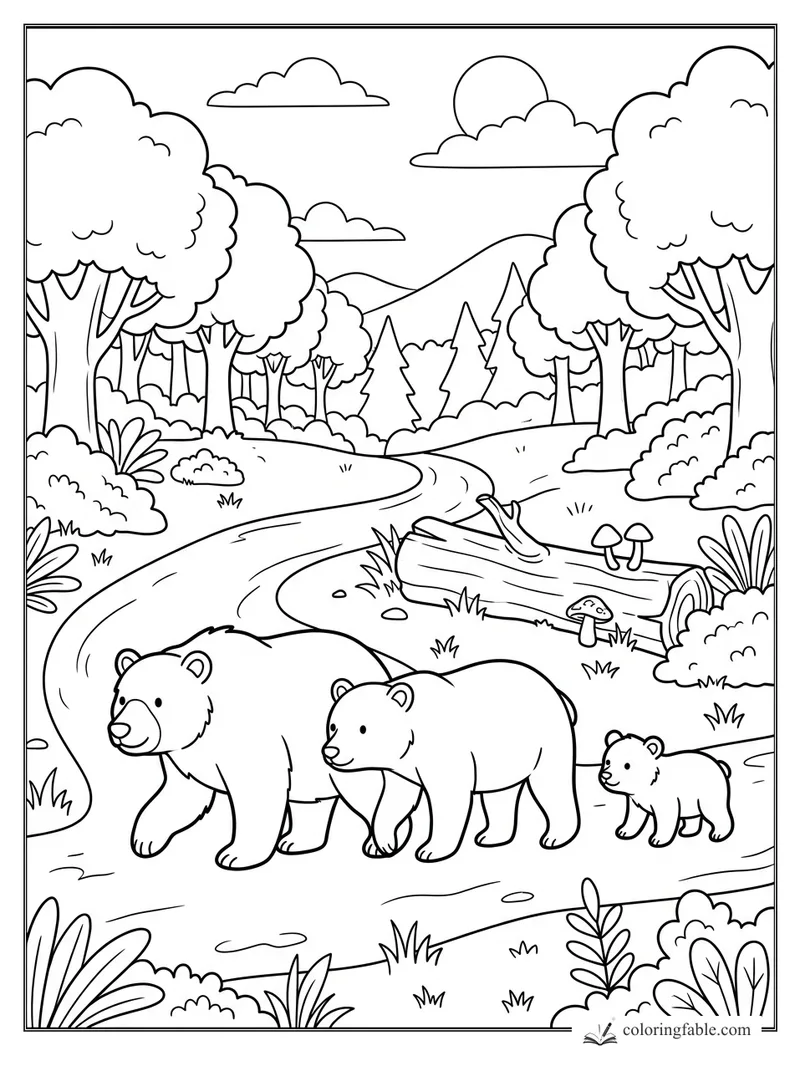 Cartoon bear family walking beside a winding stream, fallen log, mushrooms, trees, hills, and clouds.