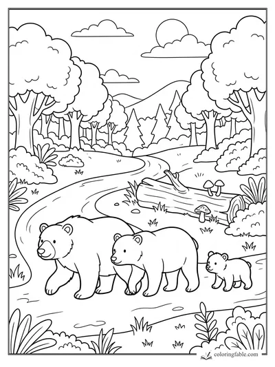 Cartoon bear family walking beside a winding stream, fallen log, mushrooms, trees, hills, and clouds.