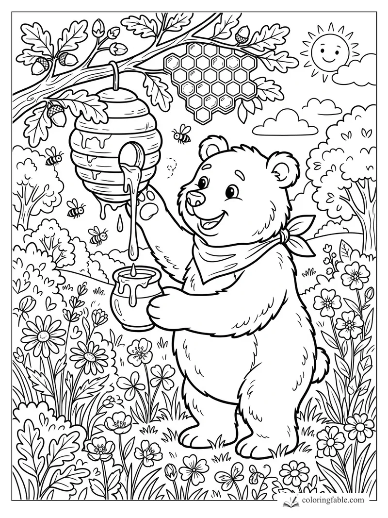 Cartoon bear in a scarf filling a jar from a dripping beehive beneath oak leaves and honeycomb.