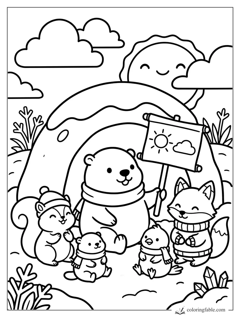 Bear, fox, squirrel, and bird friends gather by a rainbow with a sunny sign and smiling sun.
