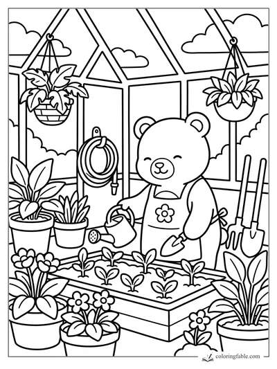 Cozy bear gardener watering seedlings in a greenhouse with hanging plants, pots, hose, rake, and shovel