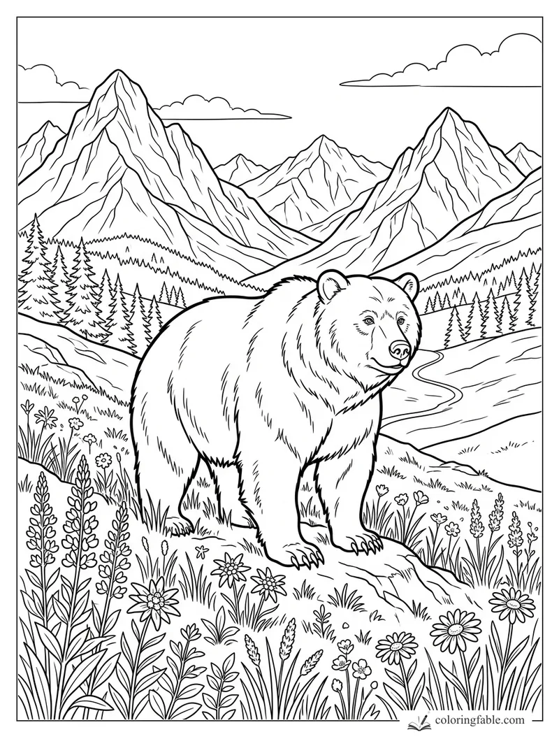 Bear standing in a wildflower meadow with pine forest, winding river, and tall mountains behind it
