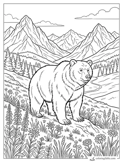 Bear standing in a wildflower meadow with pine forest, winding river, and tall mountains behind it
