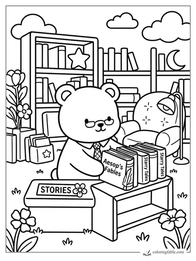 Bear librarian with glasses arranging Aesop's Fables and Starry Tales beside a cozy reading chair.