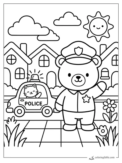 Bear police officer waving beside a cat in a tiny police car on a sunny neighborhood street.