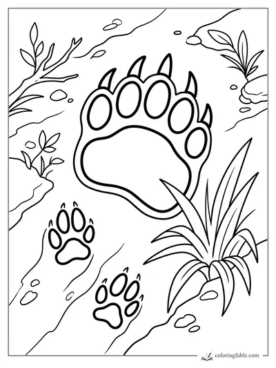 Large and small bear paw prints on a winding trail with rocks, leaves, and tall grass