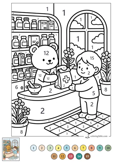 Bear Pharmacist Handing a Medicine Bag — color by number