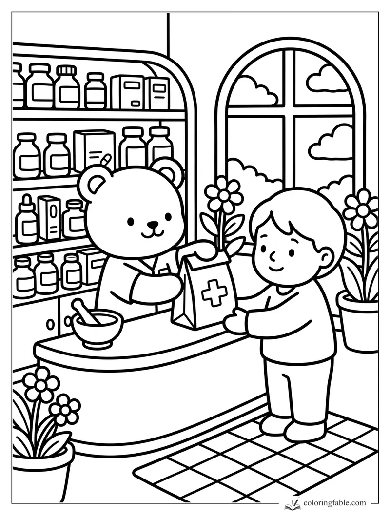 Bear pharmacist gives a cross-marked medicine bag to a smiling child in a cozy shop with bottles and flowers.