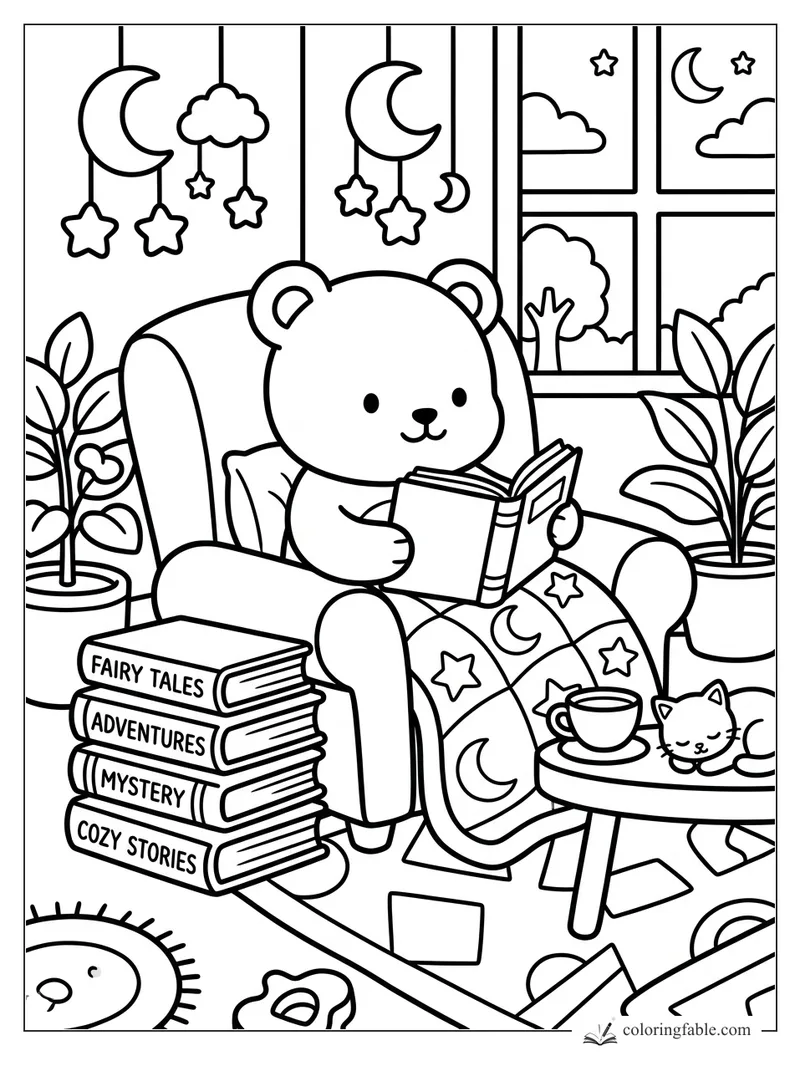 Cozy bear reading in an armchair with books, cat, plants, moon window, and hanging stars coloring page