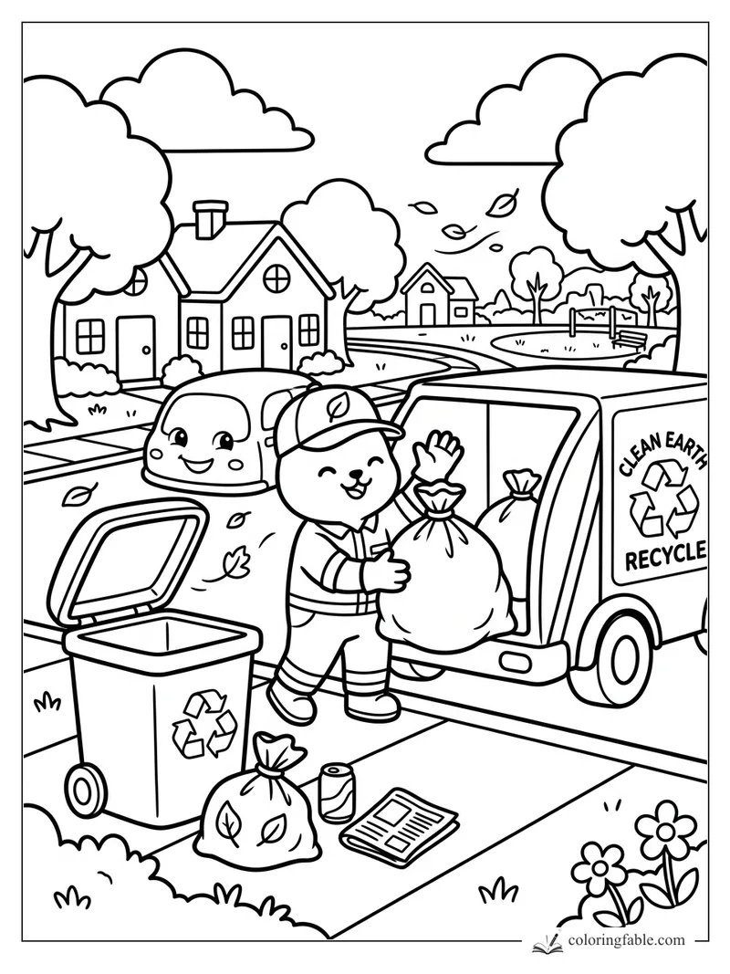 Bear recycling worker loading a bag into a Clean Earth truck on a leafy neighborhood street