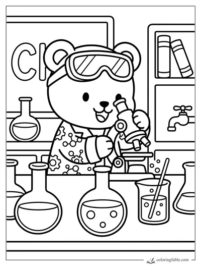 Cozy bear scientist with goggles using a microscope among beakers, books, and a sink