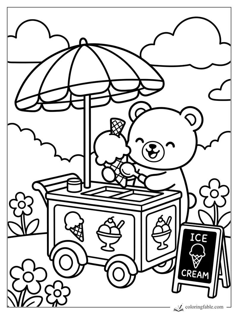 Smiling bear serving ice cream at a wheeled cart with umbrella, flowers, clouds, and ice cream sign