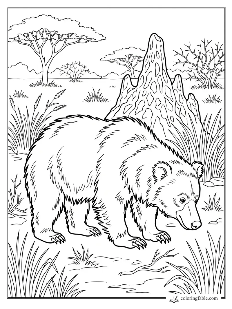 Bear sniffing the ground near a tall termite mound, grasses, thorn bushes, and flat-topped acacia trees.