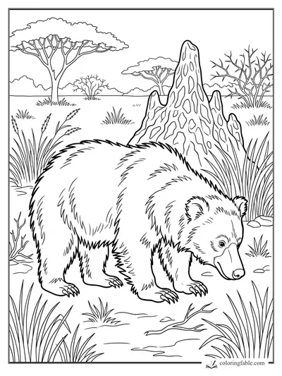 Bear sniffing the ground near a tall termite mound, grasses, thorn bushes, and flat-topped acacia trees.