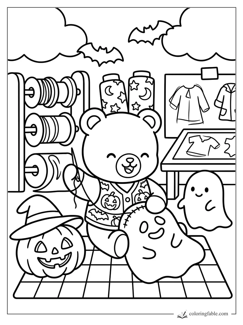 Smiling bear sewing Halloween costumes with thread spools, bats, pumpkin, ghosts, and pattern board