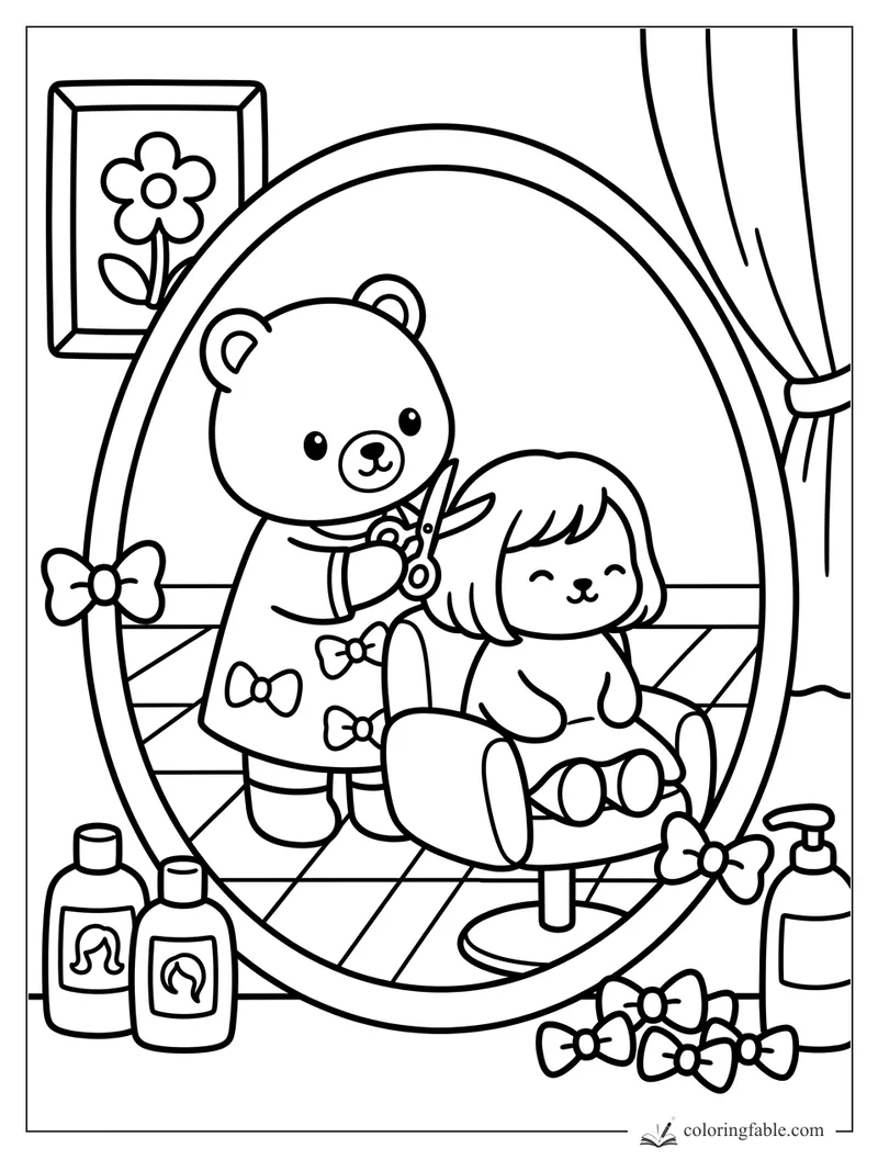 Bear stylist cutting a puppy’s bangs in a salon chair before an oval mirror, with bows and shampoo bottles.