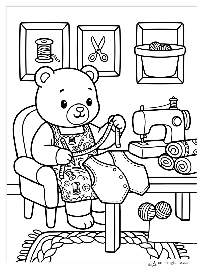 Cozy bear tailor measures a small vest beside a sewing machine, fabric rolls, thread, scissors, and yarn.