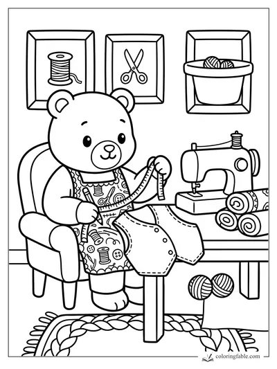 Cozy bear tailor measures a small vest beside a sewing machine, fabric rolls, thread, scissors, and yarn.