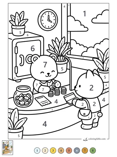 Bear Teller Counting Coins at the Sunny Bank — color by number