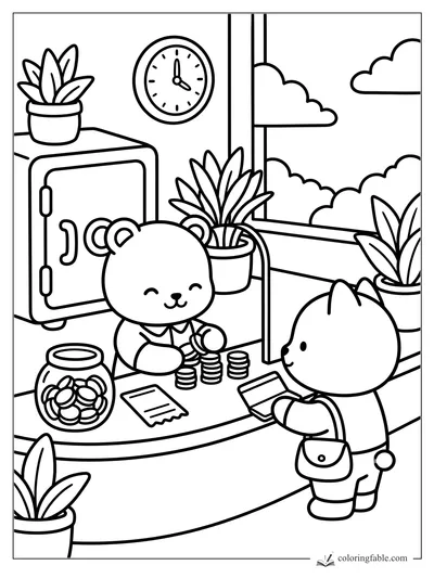 Cute bear teller stacks coins for a kitten customer inside a plant-filled bank with a clock and window.