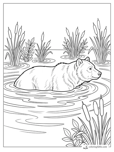 Realistic bear wading in pond water among cattails and ripples