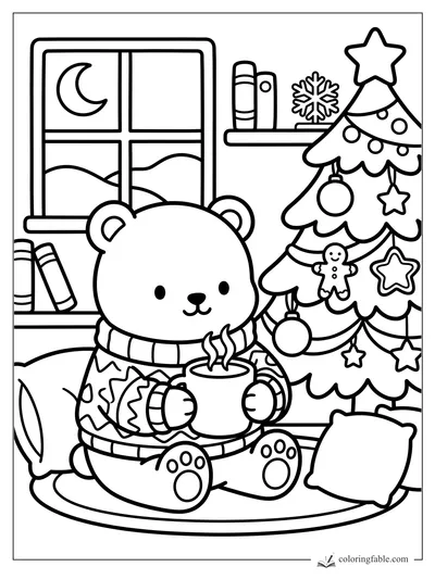 Cute bear holding hot cocoa beside a decorated Christmas tree, snowy window, books, and pillows coloring page
