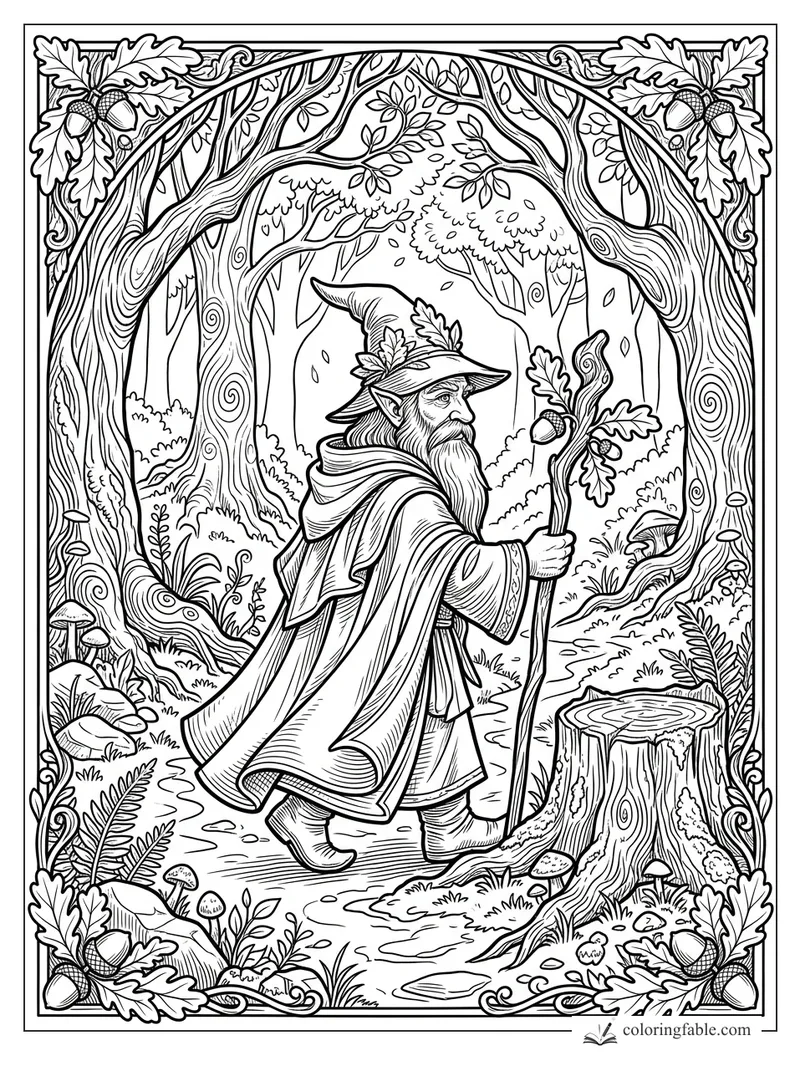 Intricate engraving-style gnome with staff walking through an oak forest arch, mushrooms, acorns, and stump.
