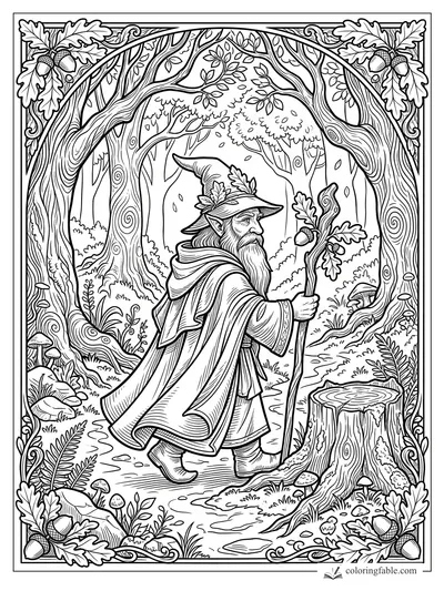 Intricate engraving-style gnome with staff walking through an oak forest arch, mushrooms, acorns, and stump.