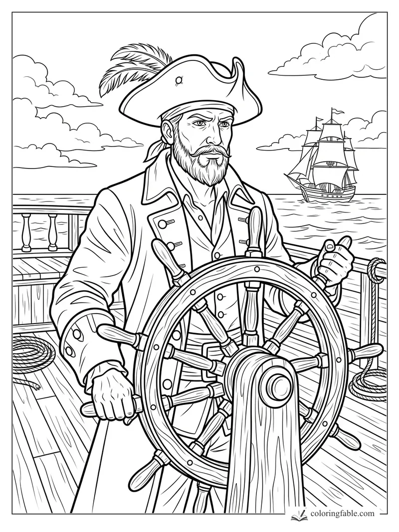 Realistic pirate captain steering a wooden ship wheel with a sailing ship on the horizon