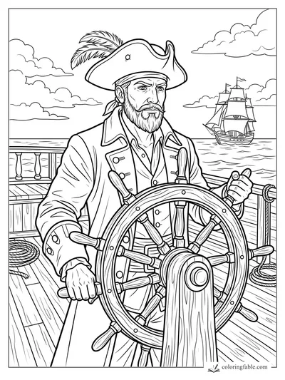 Realistic pirate captain steering a wooden ship wheel with a sailing ship on the horizon