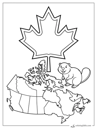 Simple Canada coloring page with a smiling beaver, big maple leaf, and outlined provinces