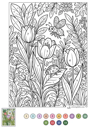 Bee and Ladybug Among Tall Tulips — color by number