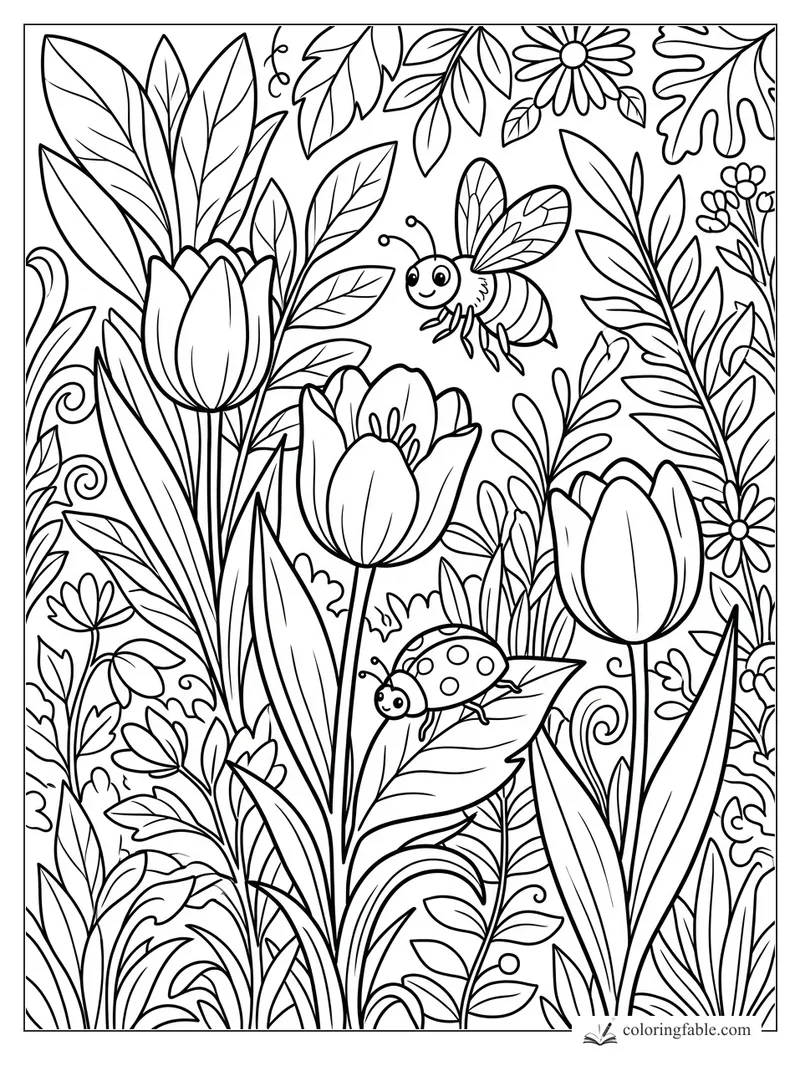 Bee flying above tulips and a spotted ladybug resting on a leaf in a busy flower garden coloring page