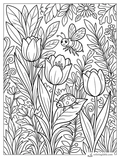 Bee flying above tulips and a spotted ladybug resting on a leaf in a busy flower garden coloring page