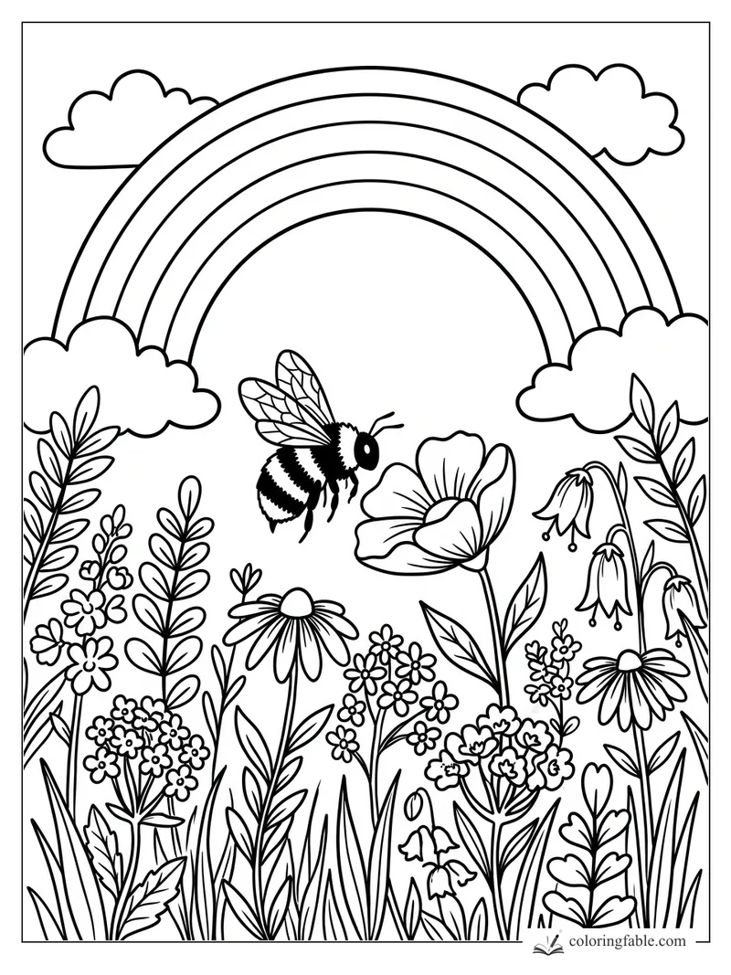 Doodle bee hovering over wildflowers under a five-band rainbow and puffy clouds